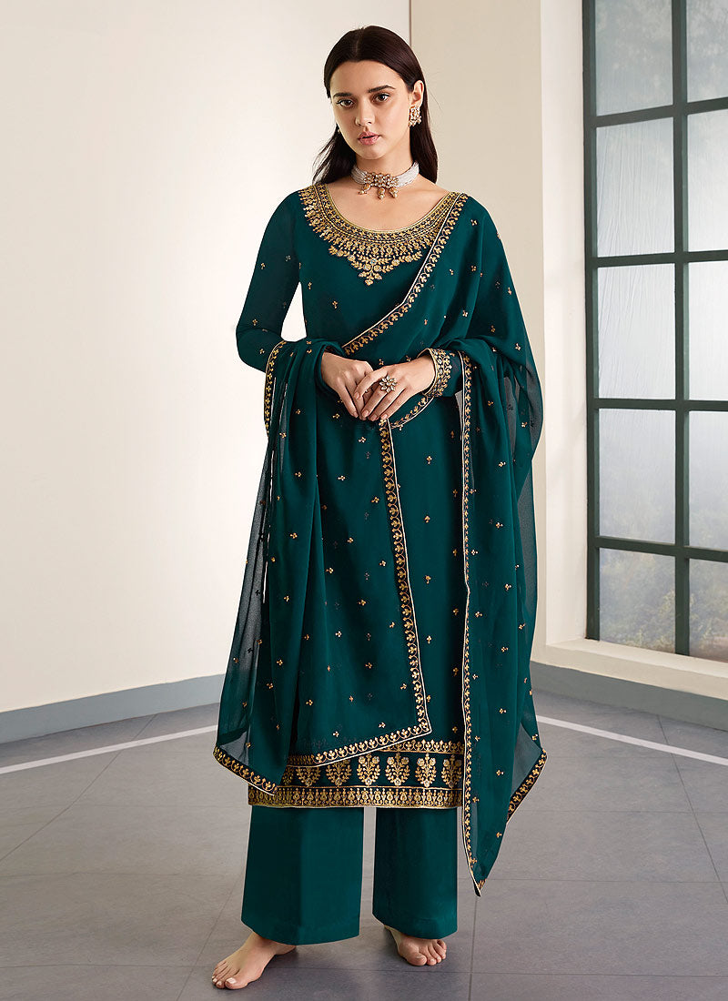 Deep Green Embroidered Palazzo Style Pant Suit