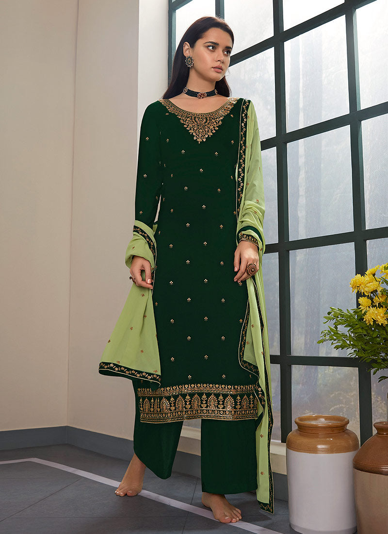 Green Two Tone Embroidered Palazzo Style Pant Suit