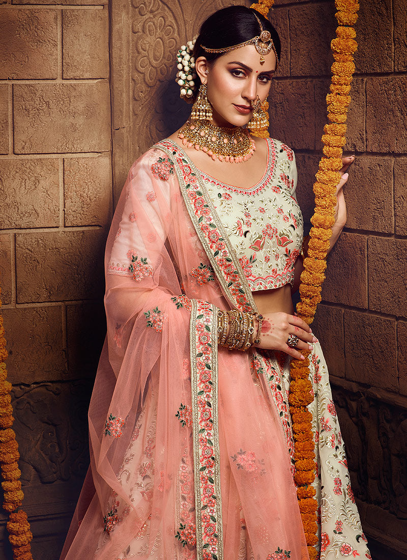 Indian Clothes - Off White And Peach Wedding Lehenga Choli