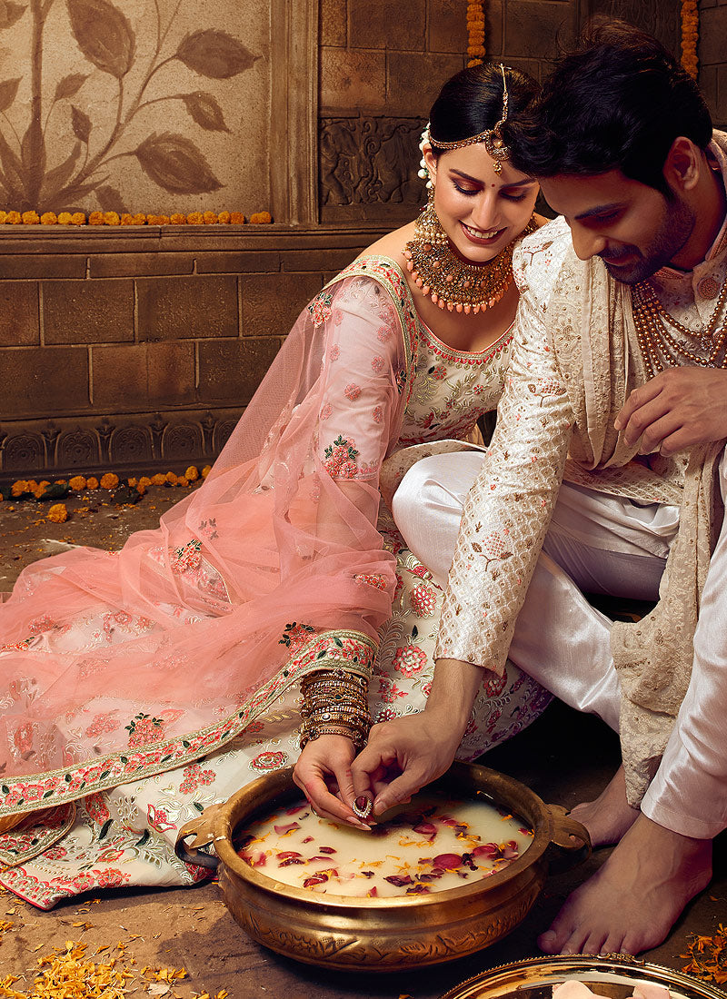Indian Lehanga - Off White And Peach Wedding Lehenga Choli In usa uk canada