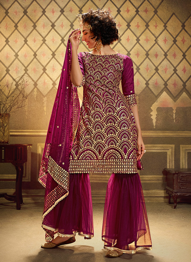Wine Sequence Embroidered Gharara Suit