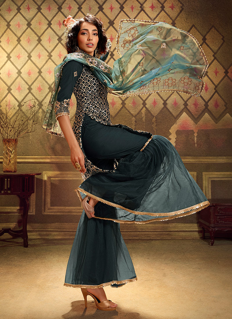 Indian Gharara - Rama Green Sequence Embroidered Gharara Suit In usa uk canada