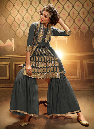Indian Gharara - Grey Sequence Embroidered Gharara Suit In usa uk canada