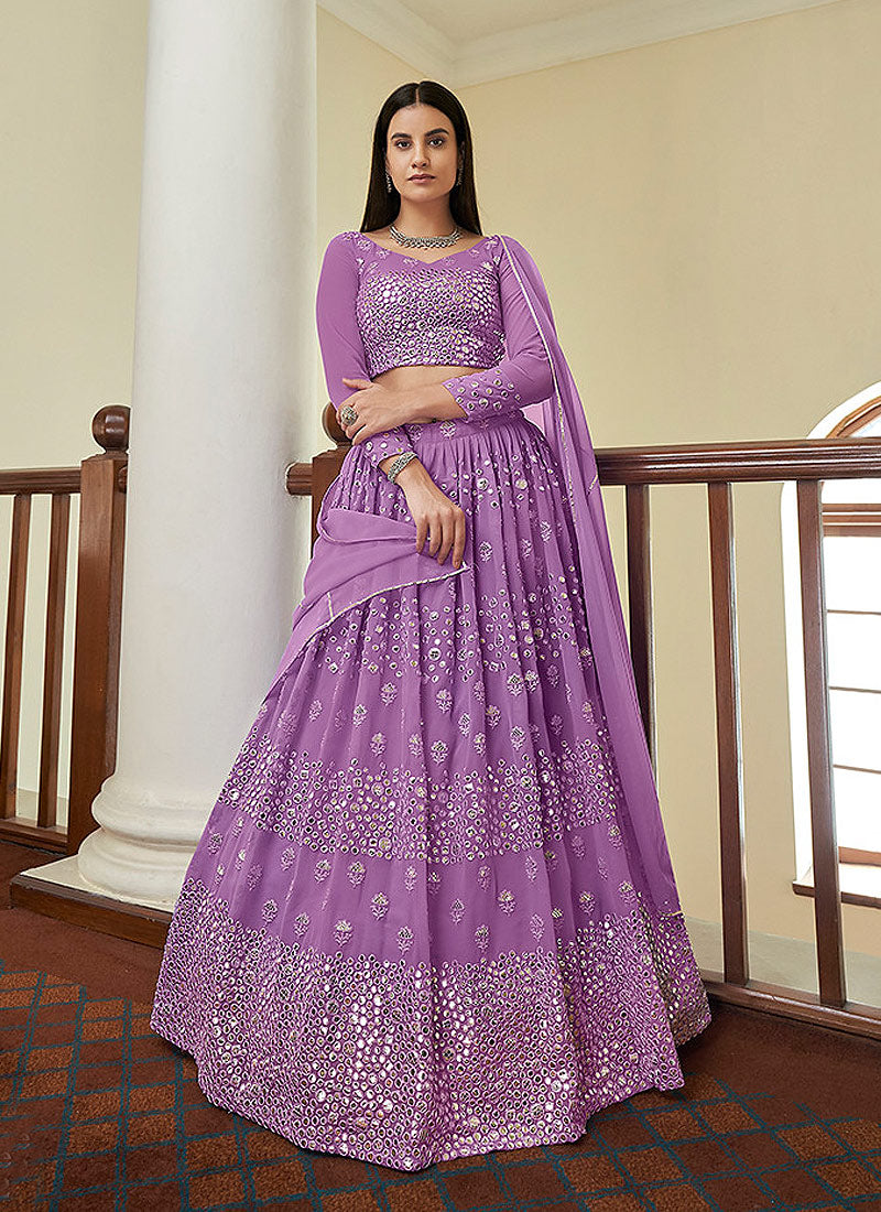 Lilac Lavender Foil Mirror Embroidered Indian Wedding Lehenga unstitched Lilac Lavender Foil Mirror Embroidered Indian Wedding Lehenga unstitched