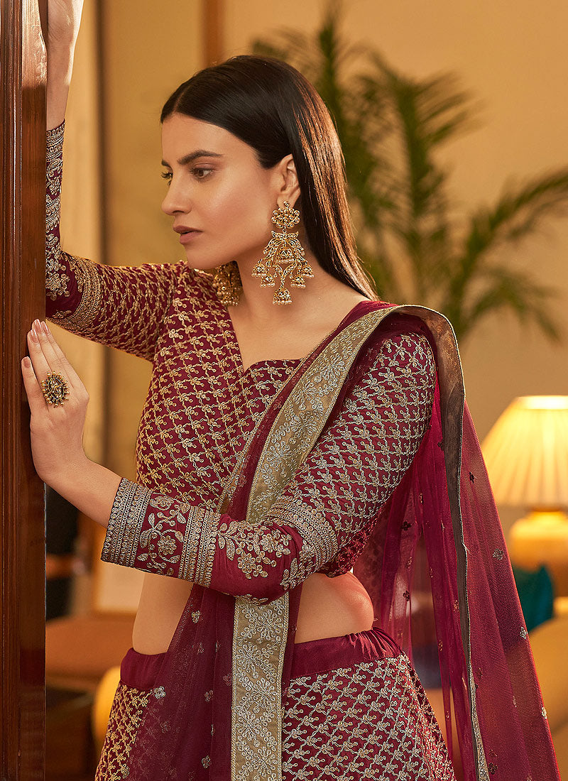 Maroon Embroidered Wedding Lehenga