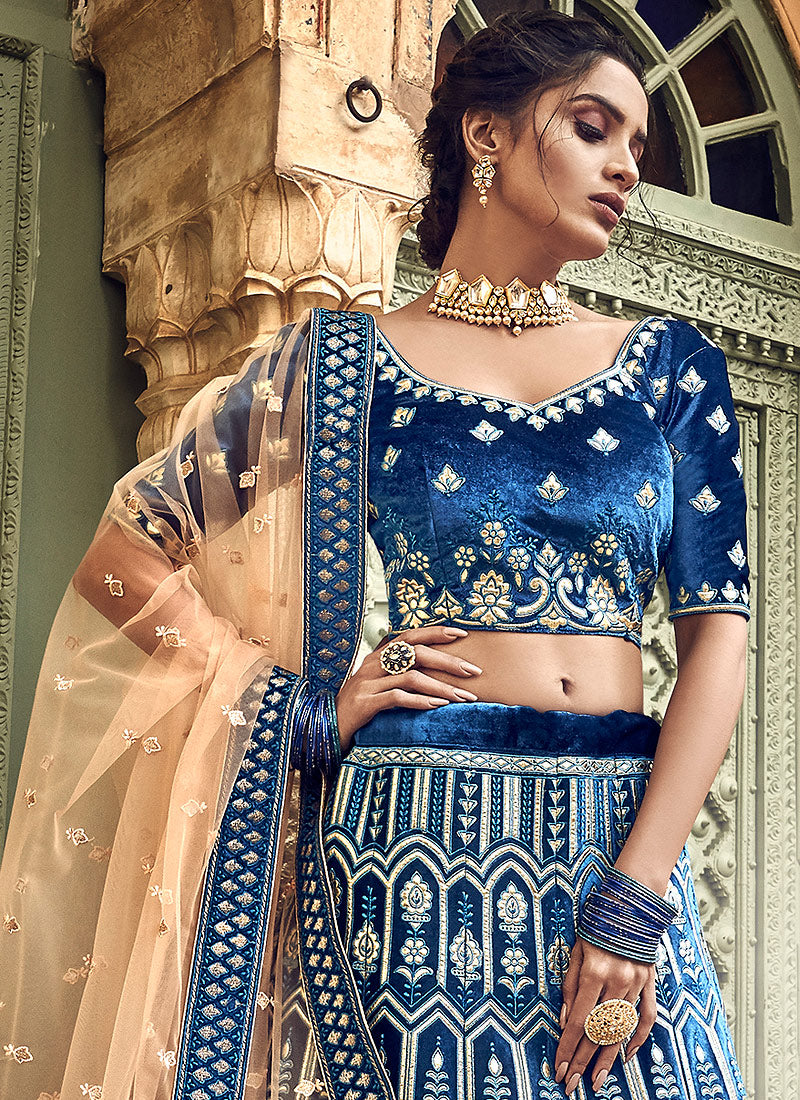 Navy Blue And Golden Designers Wedding Lehenga Choli