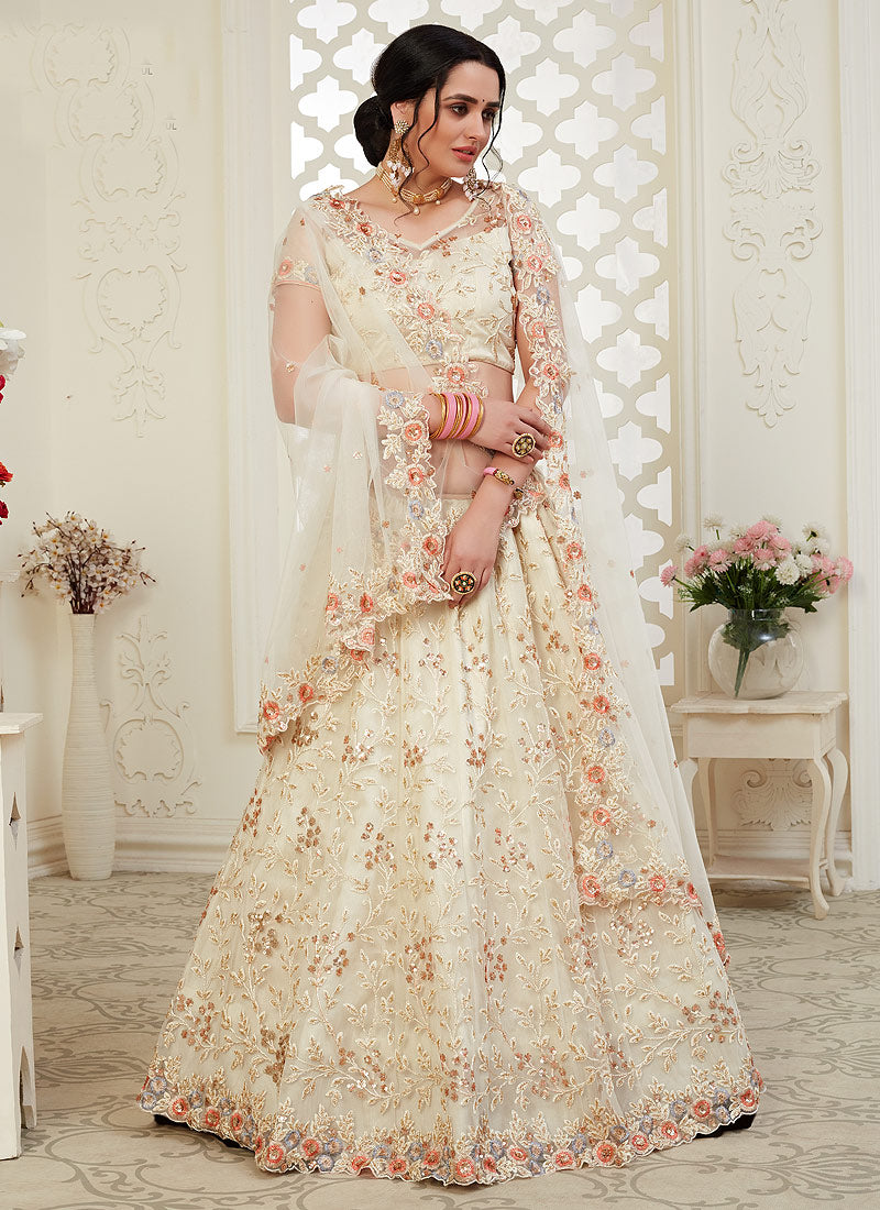 Cream Floral Embroidered Designer Lehenga Choli