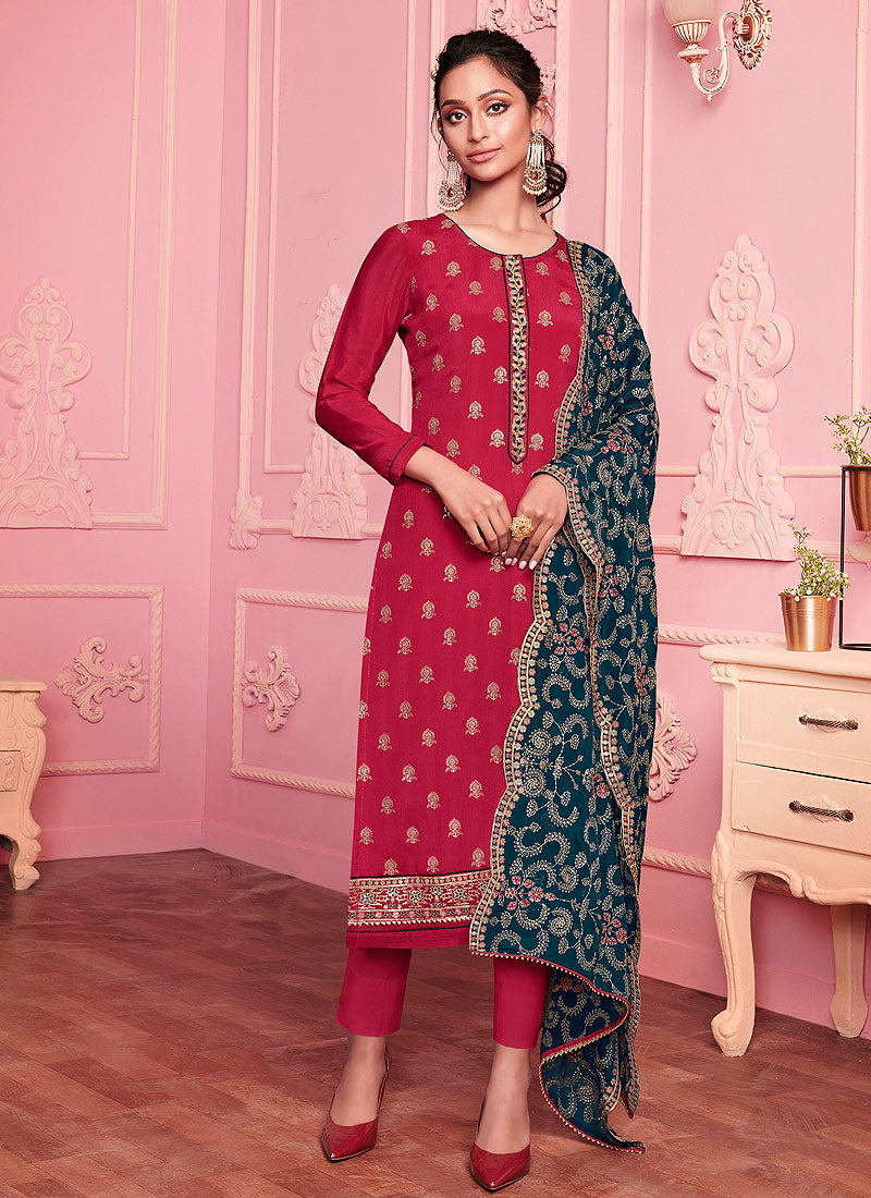 Rani Pink And Blue Designer Pakistani Pant Suit