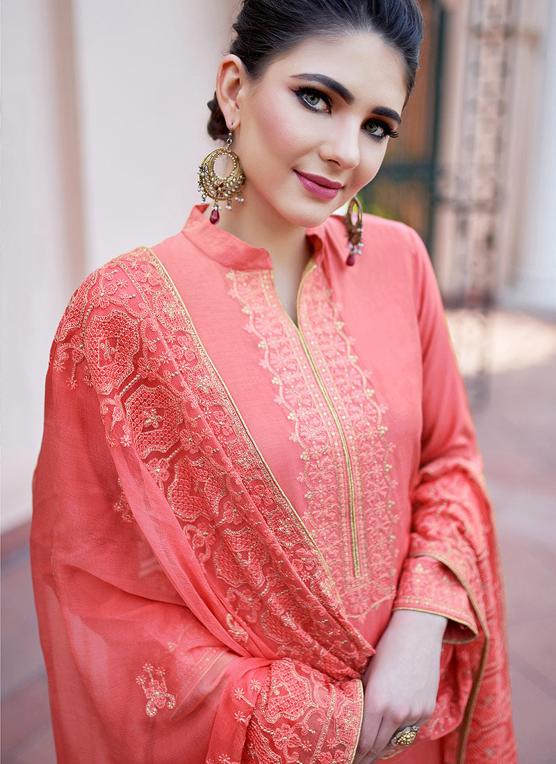 Peach Kashmiri Embroidered Palazzo Suit