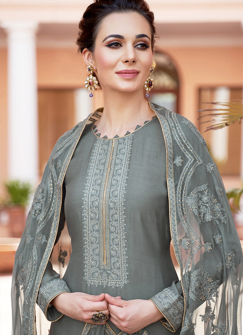 Deep Grey Kashmiri Embroidered Palazzo Suit