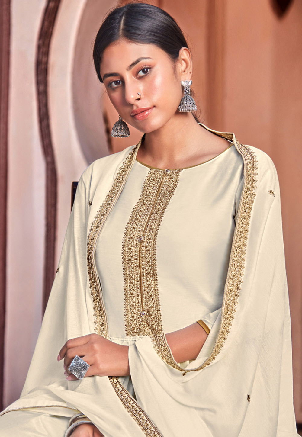 Off White Golden Embroidered Pant Suit In usa uk canada