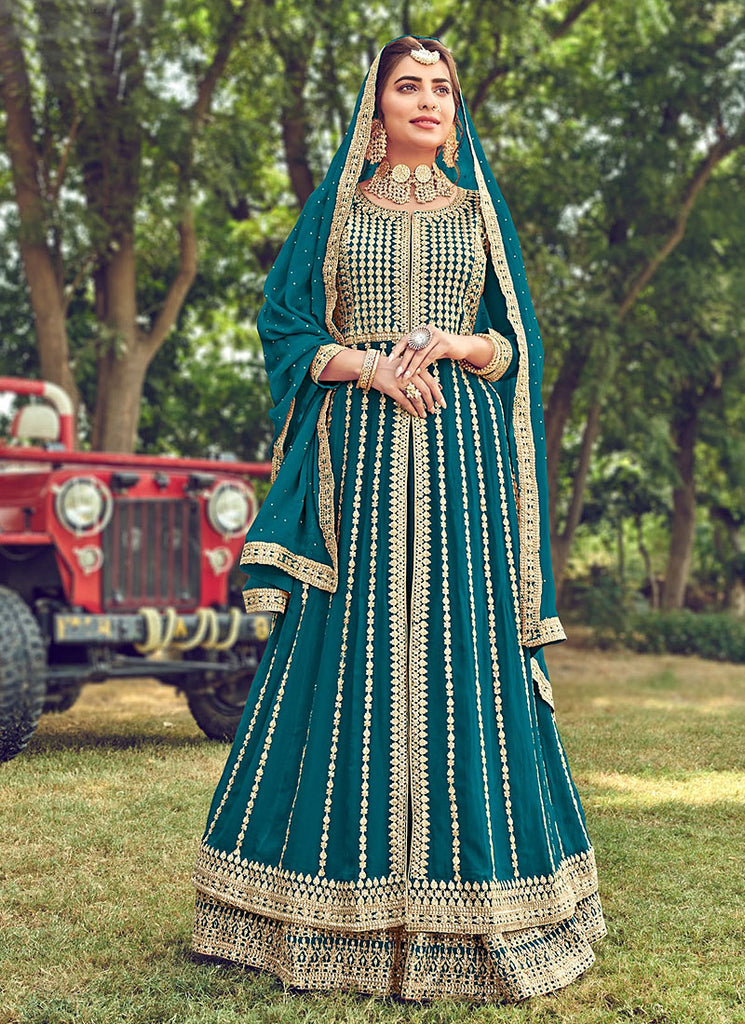 Turquoise Embroidered Slit Style Anarkali Lehenga Suit