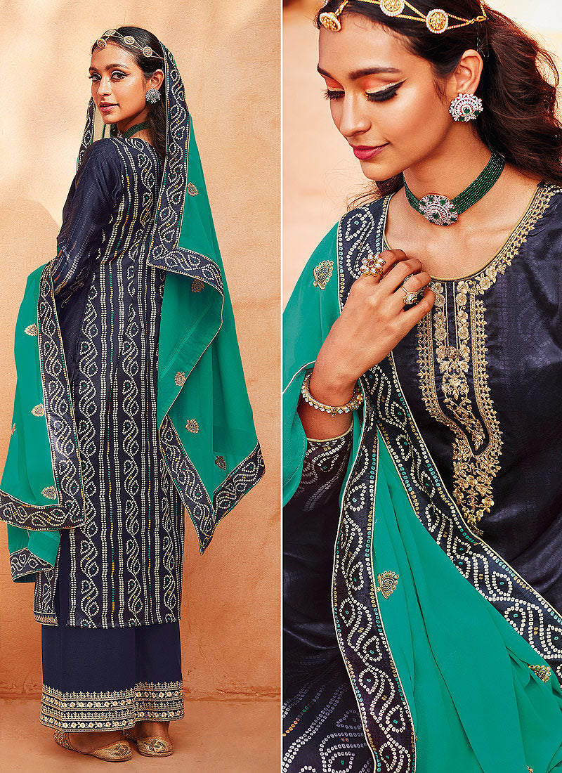 Blue And Green Festive Palazzo Suit In usa