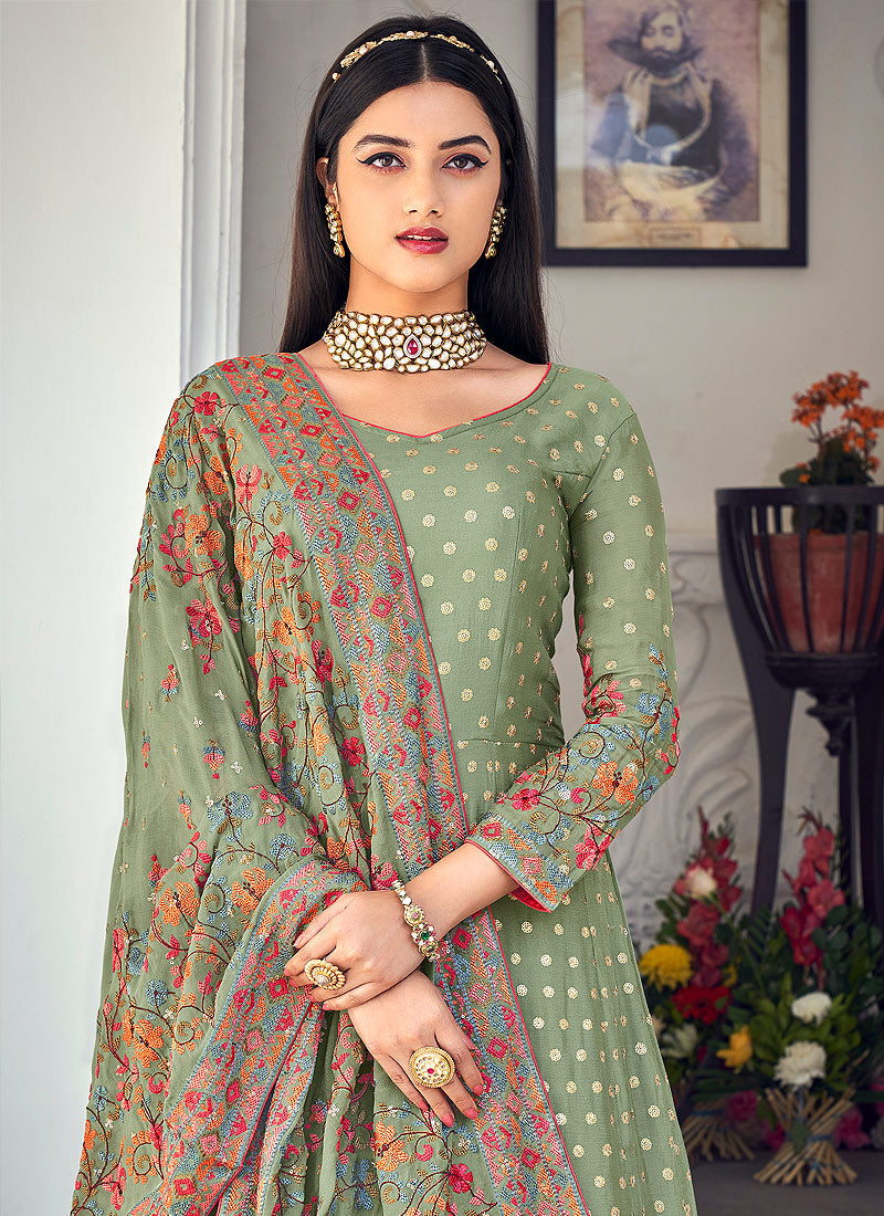 Olive Green Designer Anarkali Gown