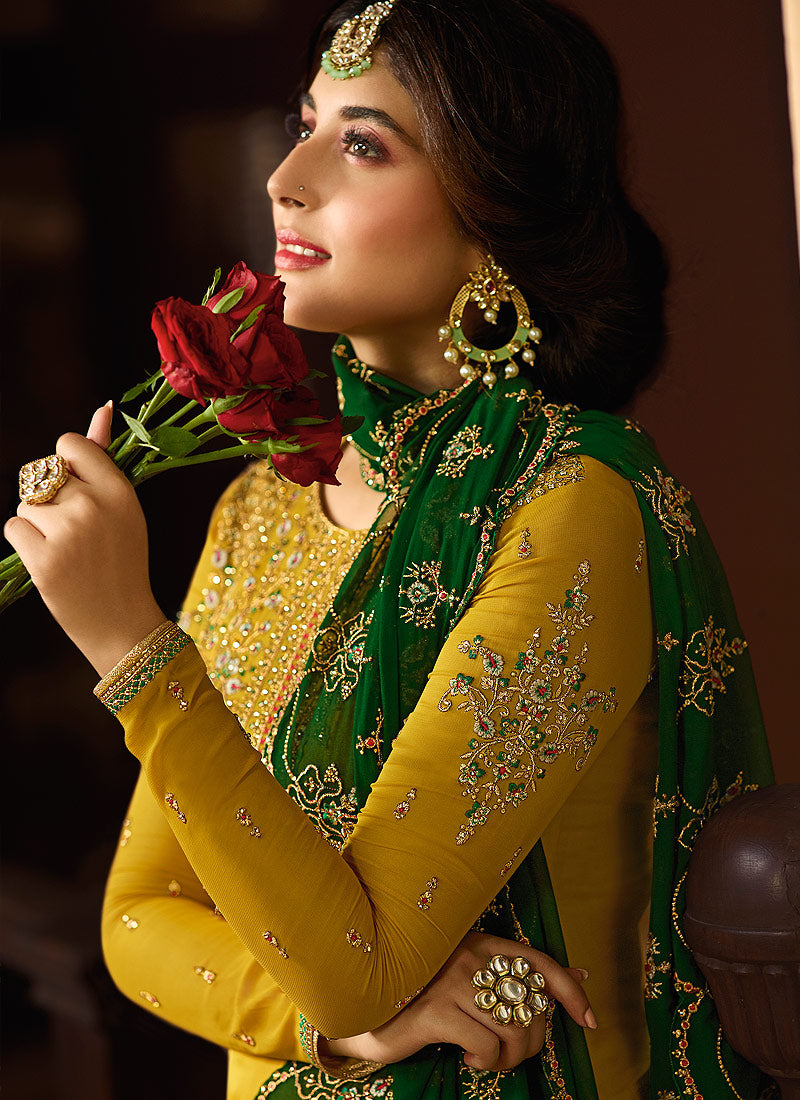 Yellow And Green Multi Embroidered Pakistani Pant Suit