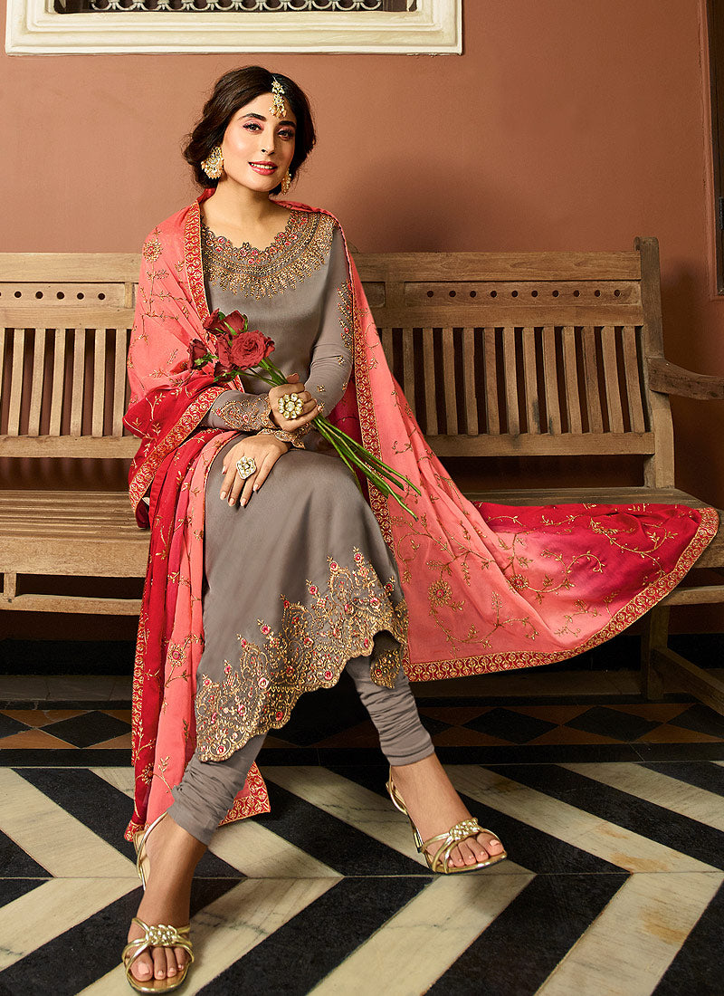 Grey And Peach Shaded Multi Embroidered Pakistani Pant Suit