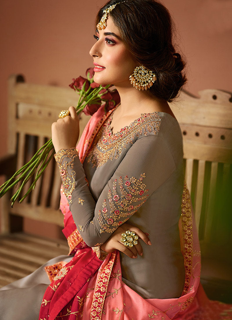 Grey And Peach Shaded Multi Embroidered Pakistani Pant Suit