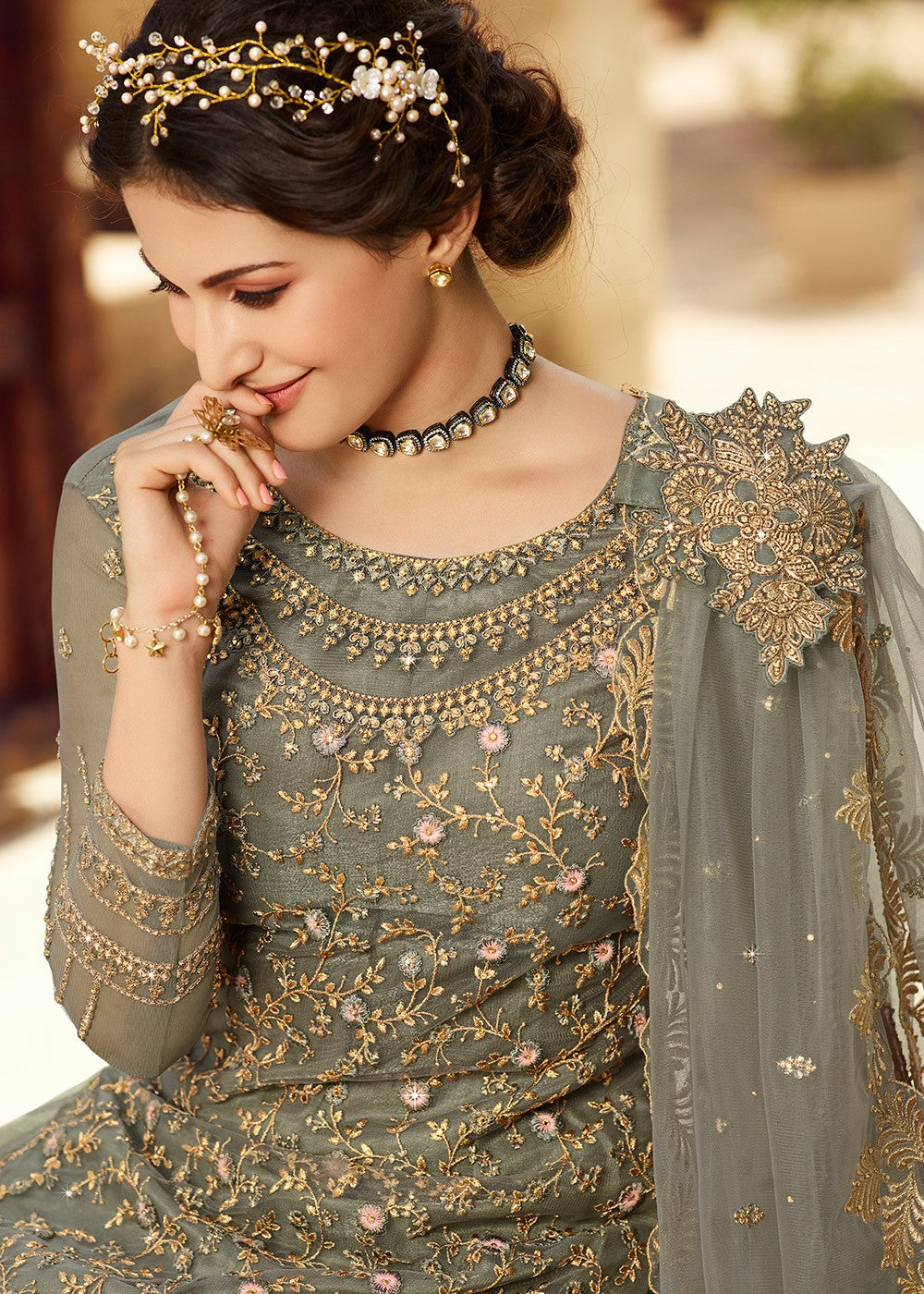 Indian Clothes - Olive Green Net Lehenga