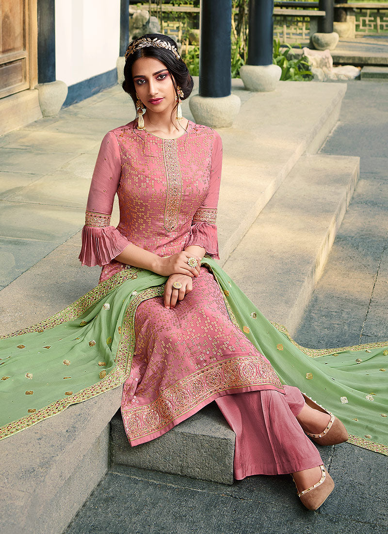 Indian Suits - Pink And Green Palazzo Suit In usa