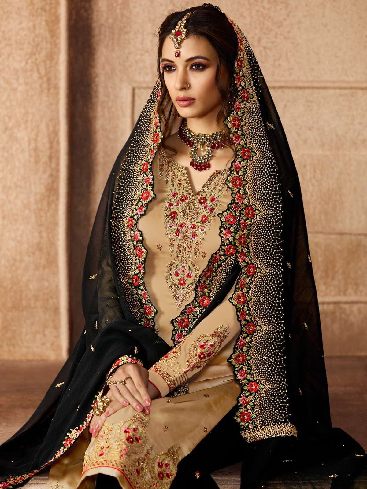 Beige And Black Pakistani Style Gharara Suit