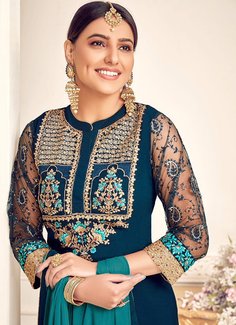 Indian Clothes - Blue and Turquoise Pakistani Palazzo Suit