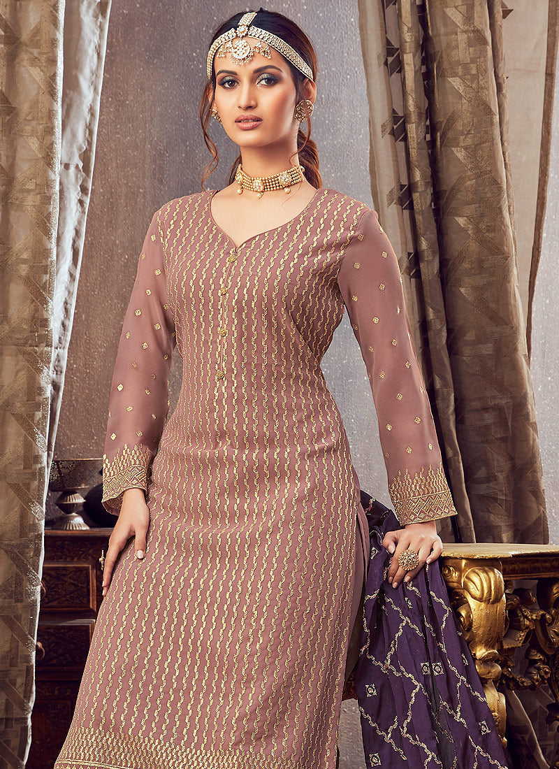 Indian Clothes - Dusky Pink Golden Sharara Suit