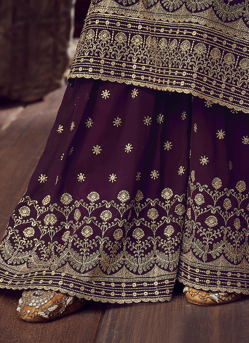 Indian Suits - Deep Purple Golden Sharara Suit In usa uk canada