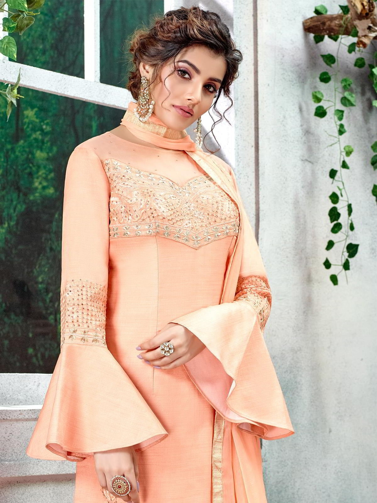 Peach Overall Zari Embroidered Pakistani Palazzo Suit