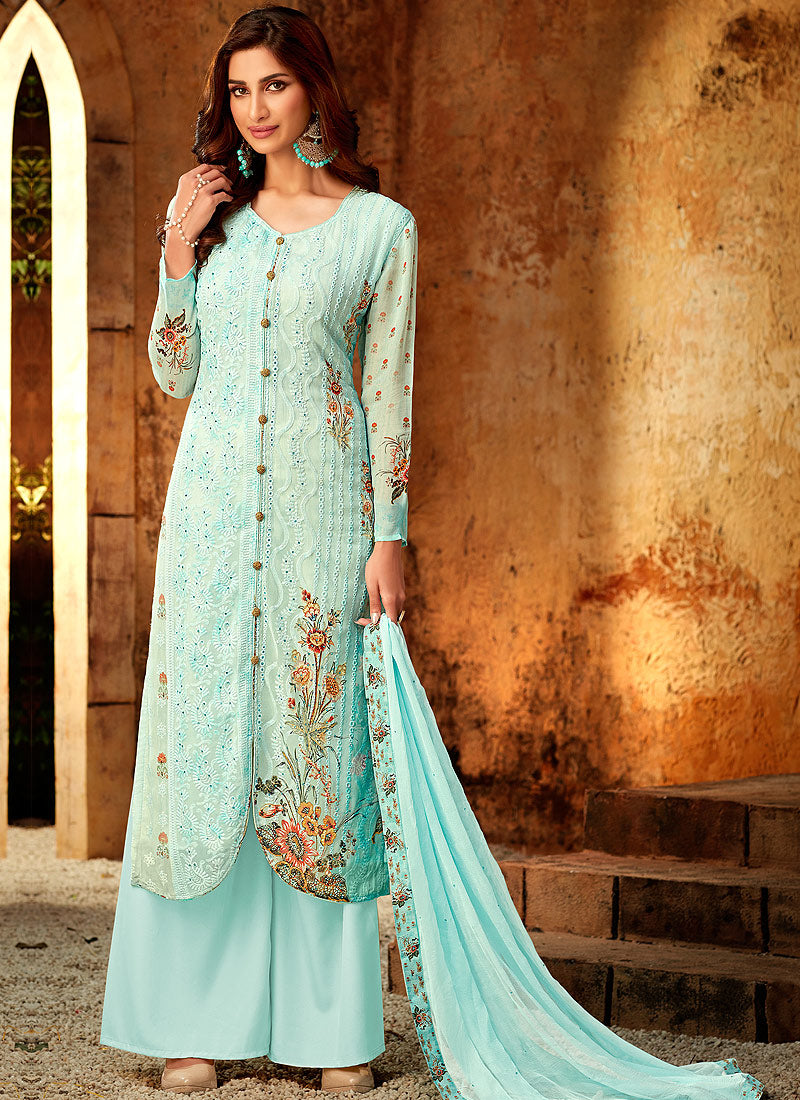 Light Blue Multi Embroidered Designer Palazzo Suit