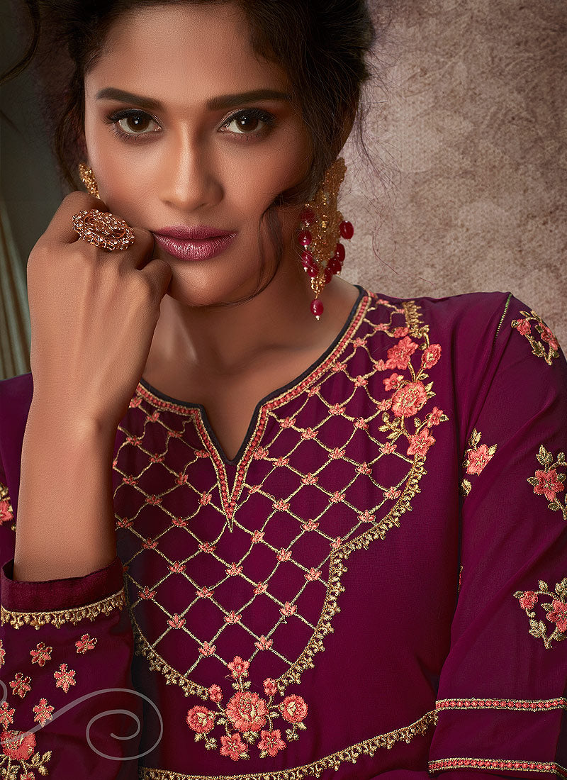 Indian Clothes - Wine Embroidered Anarkali Suit