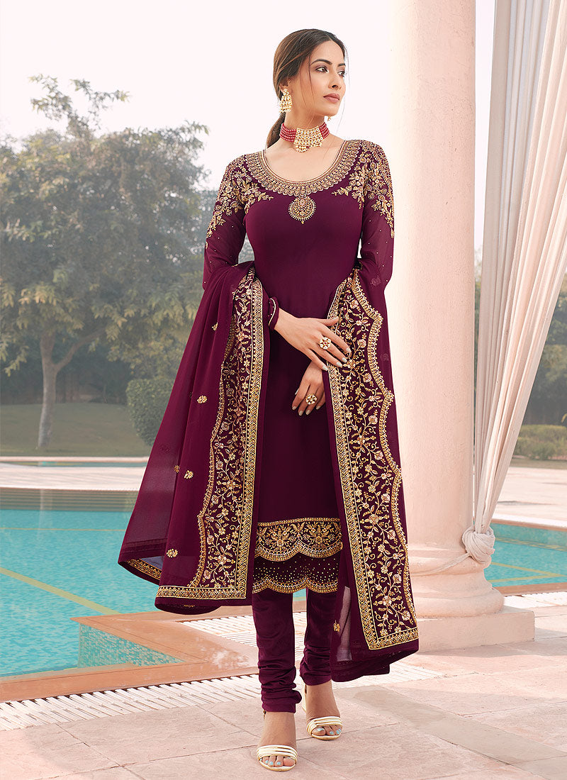 Maroon Golden Embroidered Churidar Suit