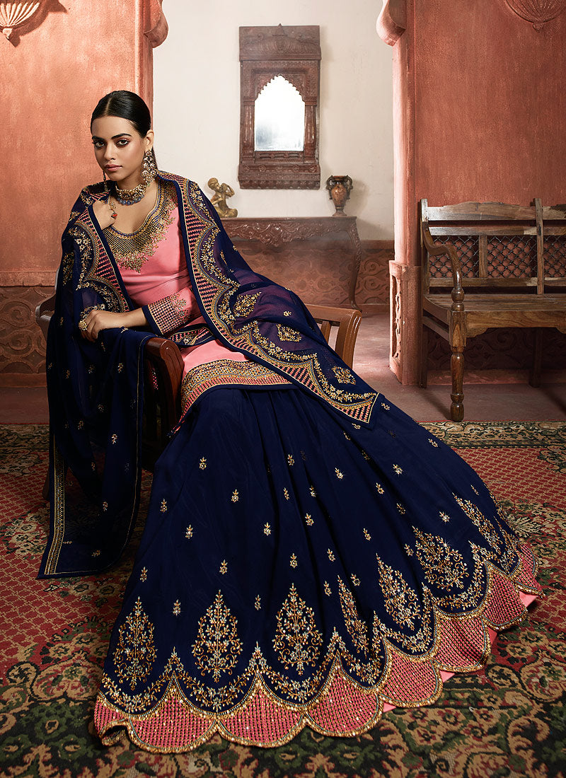 Indian Suits - Pink And Blue Lehenga/Pant Suit