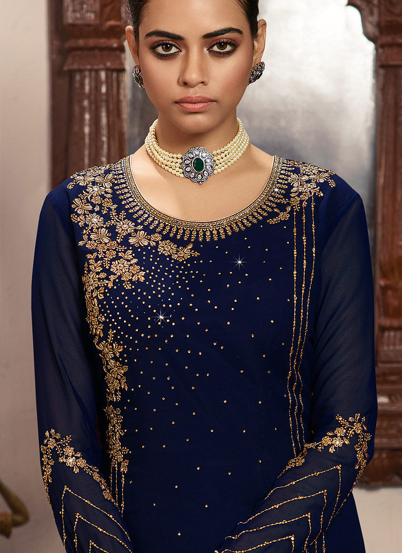 Indian Suits - Blue And Mint Green Embroidered Lehenga/Pant Suit