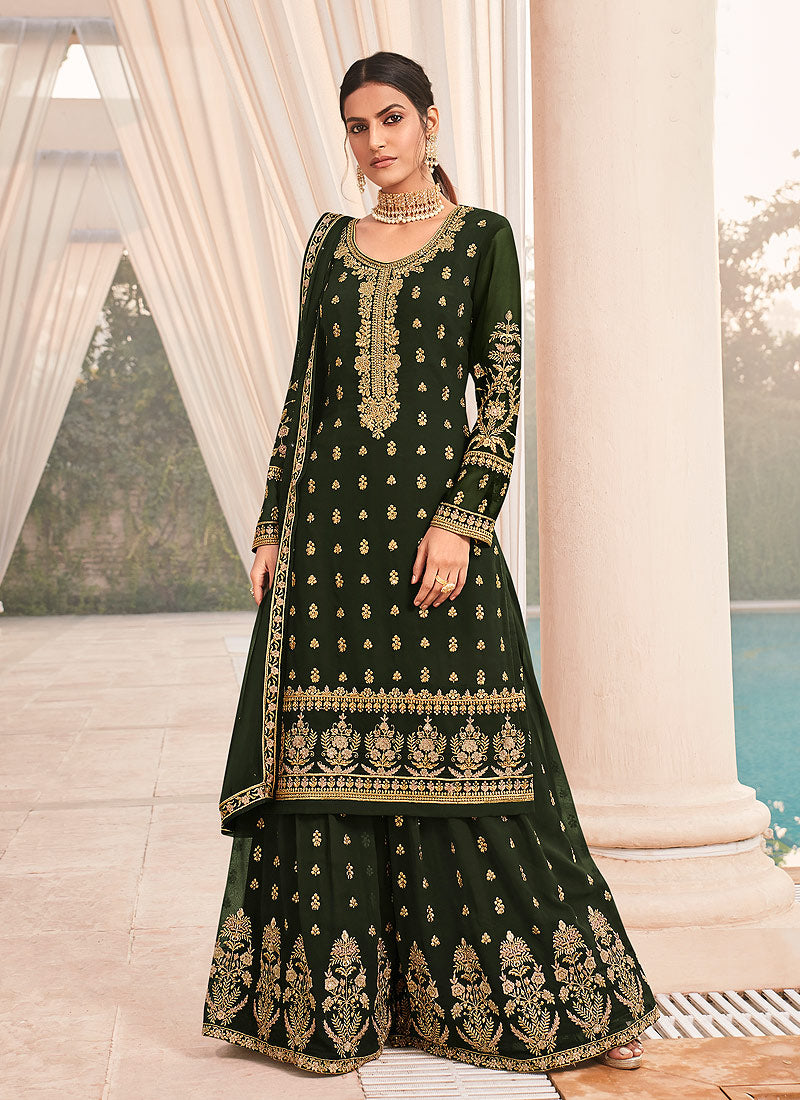 Olive Green Embroidered Bridal Style Gharara Suit