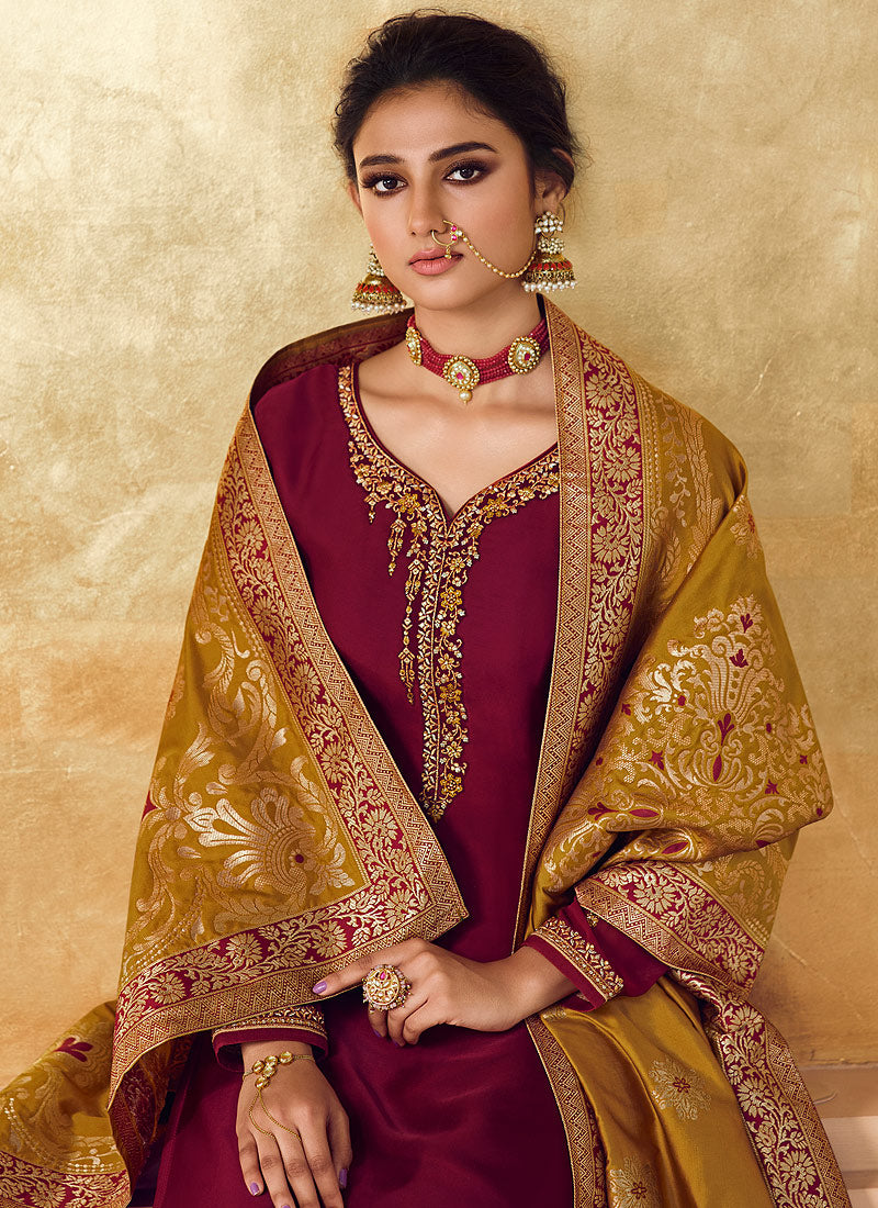 Maroon And Yellow Pant Style Suit in usa uk canada