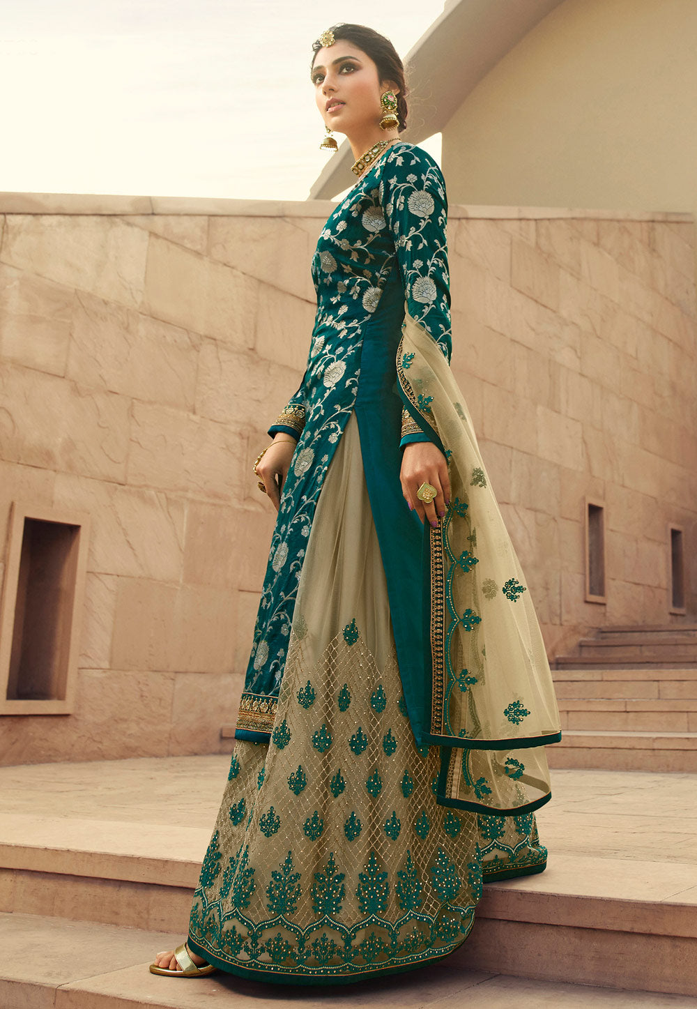 Turquoise And Beige Gharara Style Suit In usa uk canada