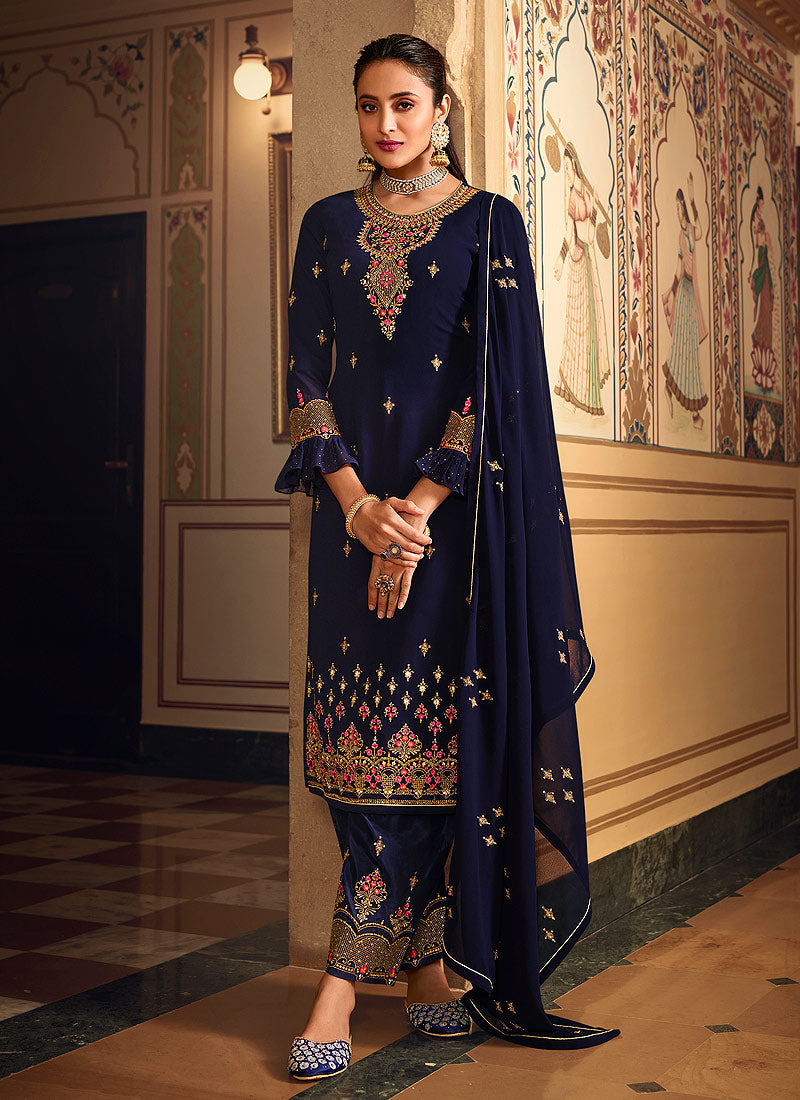 Royal Purple Embroidered Pakistani Pant Style Suit
