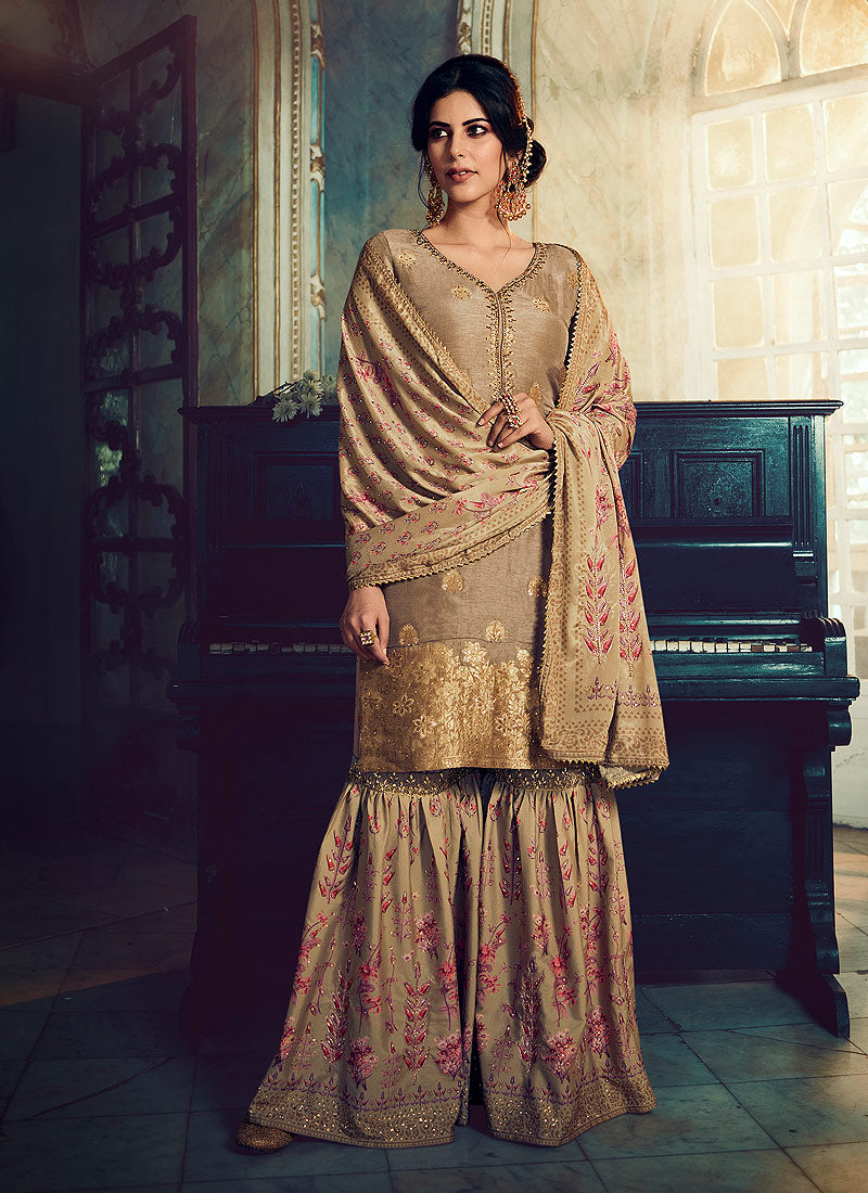 Peach Embroidered Foil Printed Gharara Suit