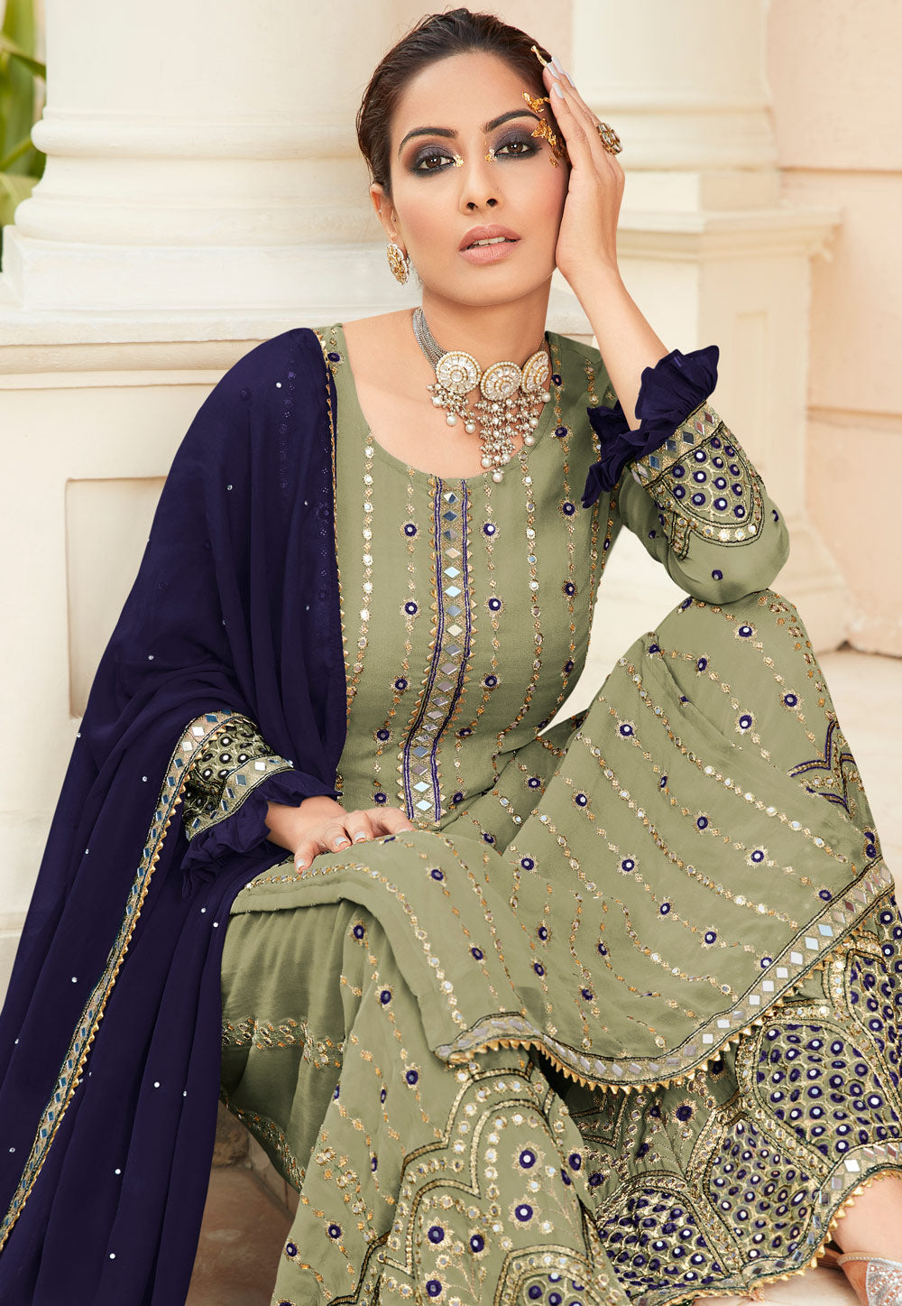 Pista Green Mirrorwork Gharara Suit In usa uk canada