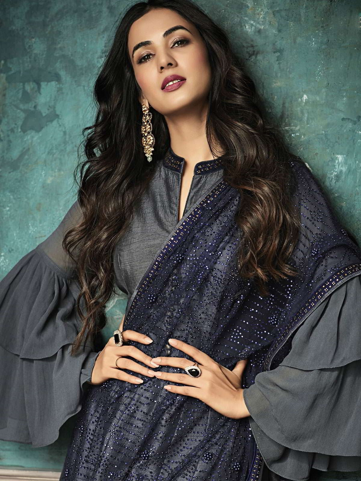 Grey And Blue Embroidered Flared Anarkali Suit