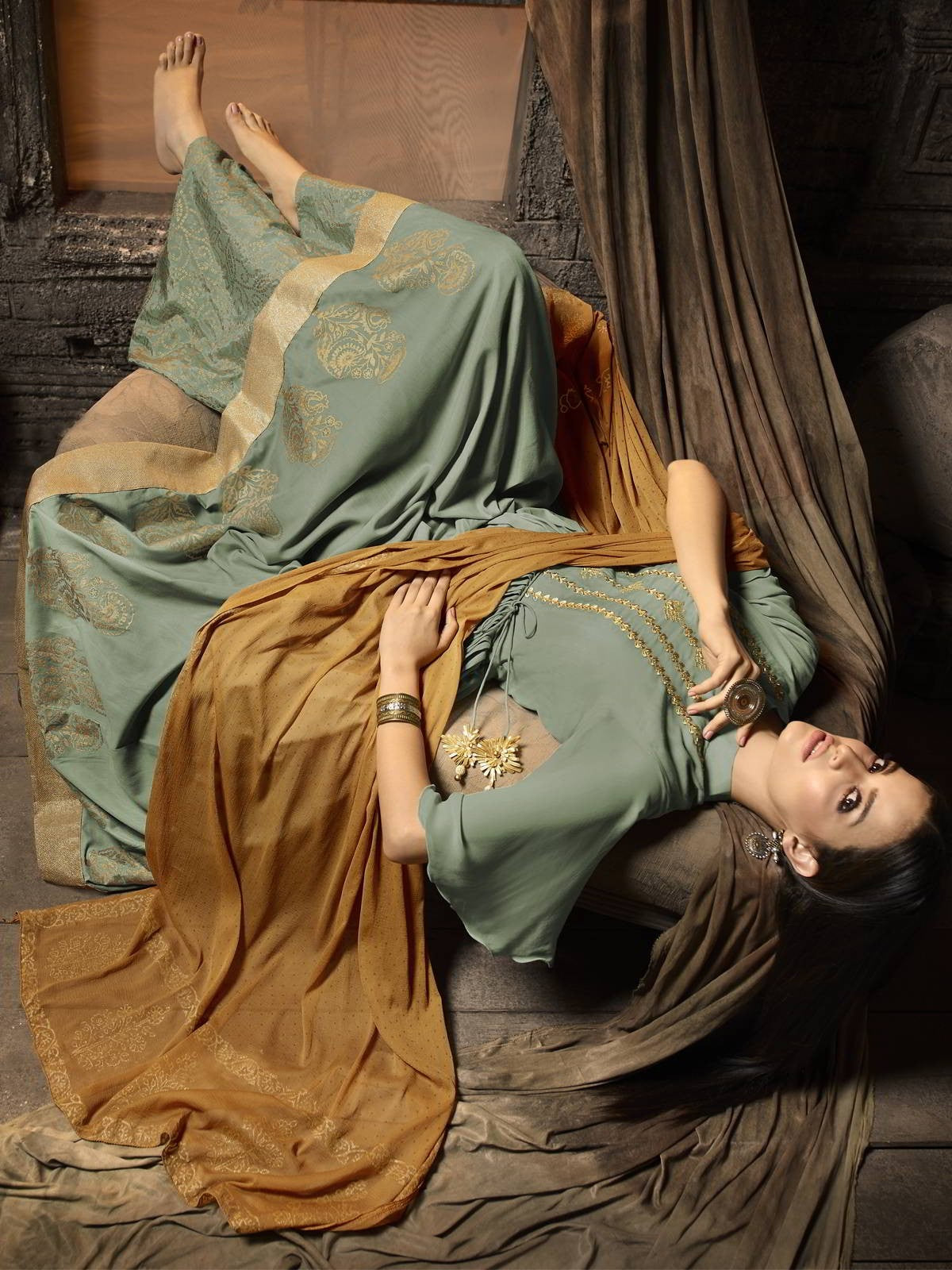 Teal And Golden Pakistani Palazzo Suit