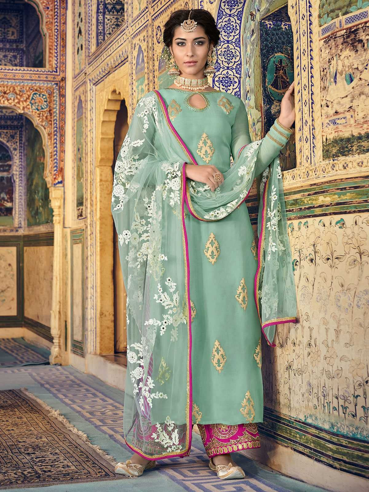 Teal Blue And Pink Embroidered Palazzo Pant Suit
