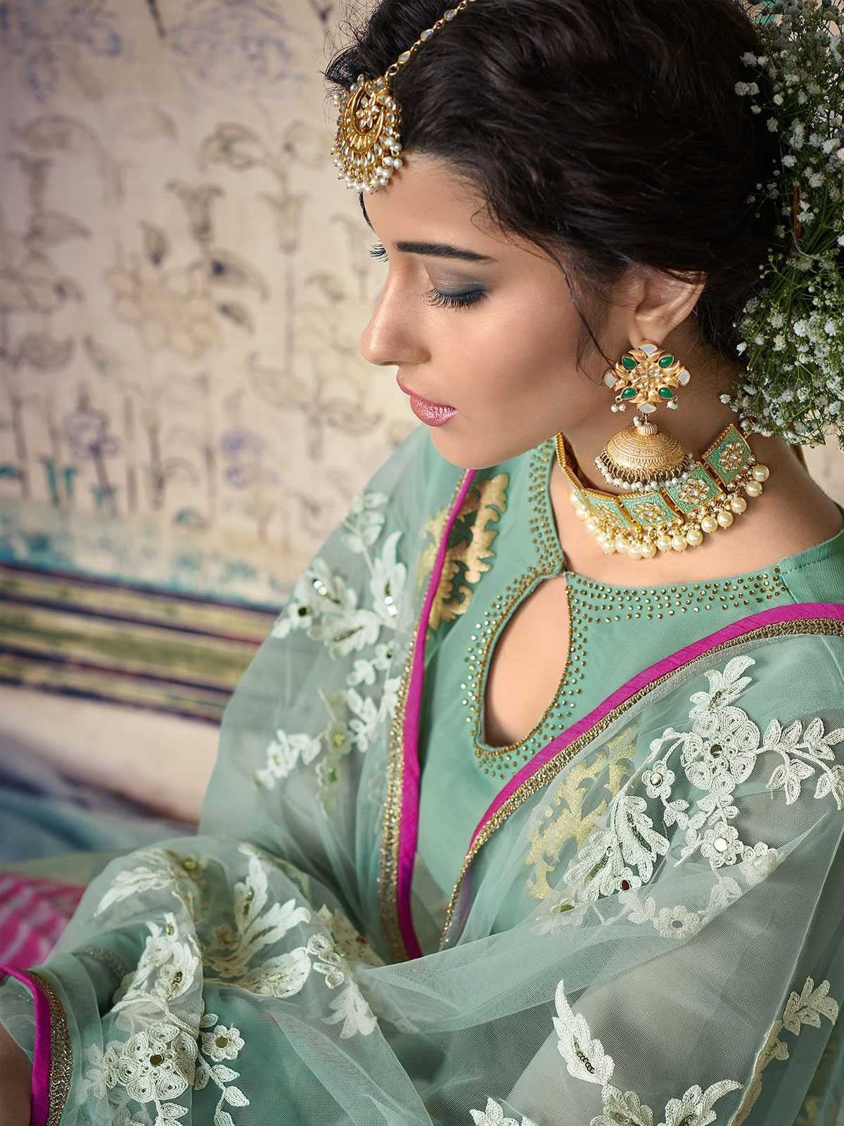 Teal Blue And Pink Embroidered Palazzos Pant Suit