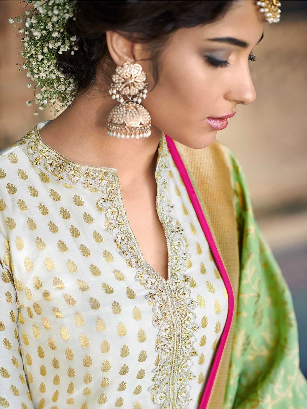 Off White And Pink Embroidered Palazzos Pant Suit