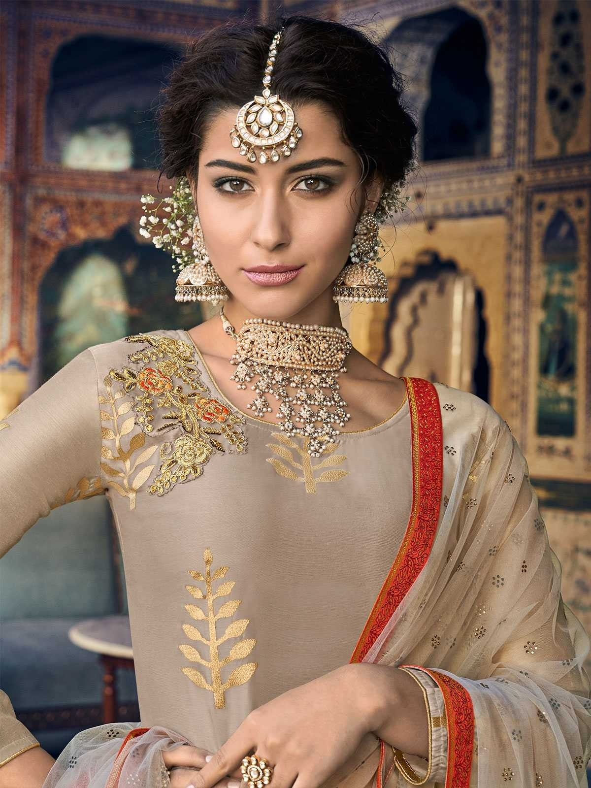 Beige And Orange Embroidered Palazzos Pant Suit