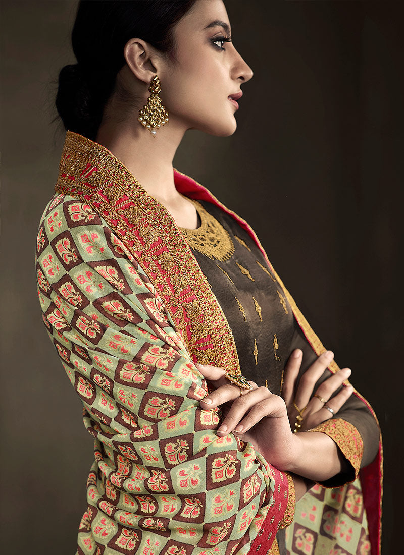 Indian Suits - Dark Brown Golden Anarkali Suit