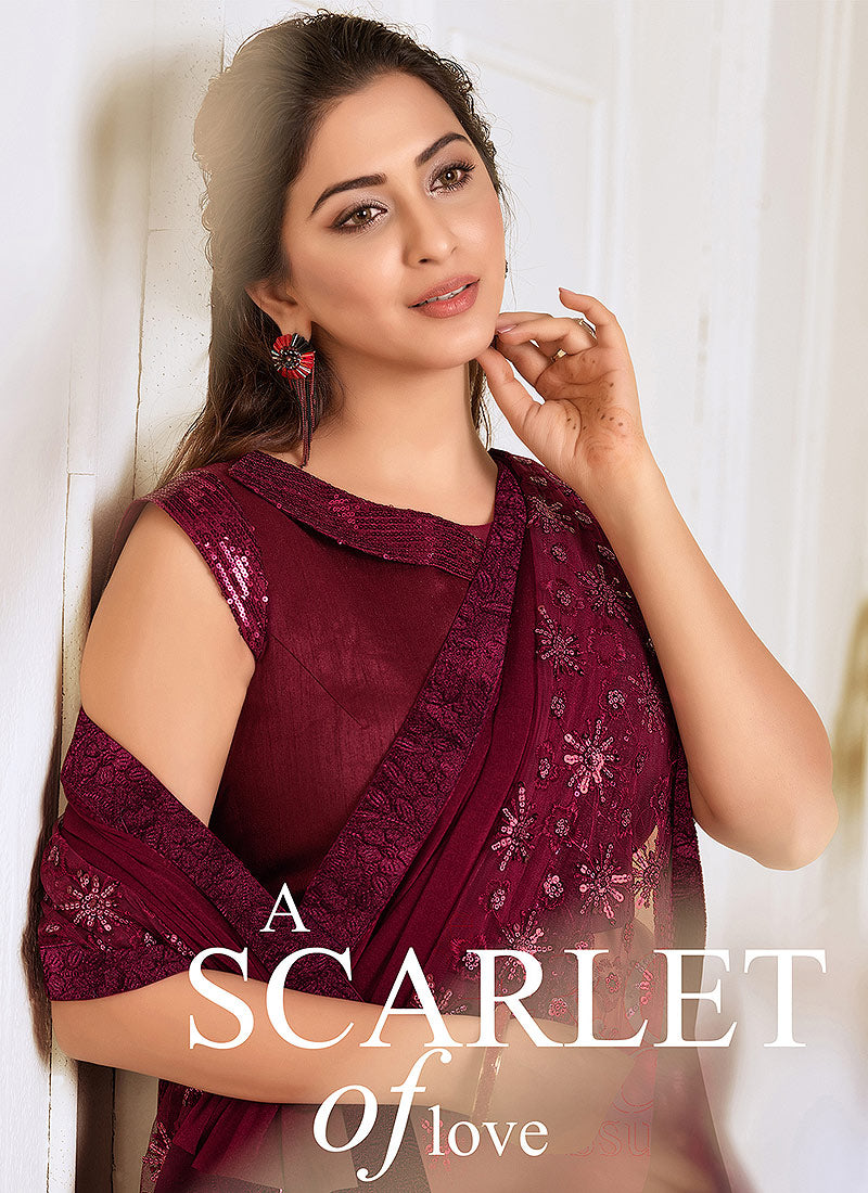 Maroon Embroidered Saree In usa uk canada