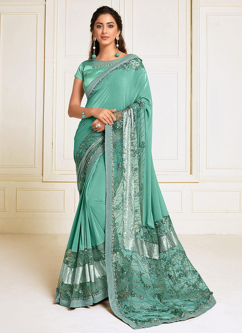 Sea Green Sequence Embroidered Designer Saree