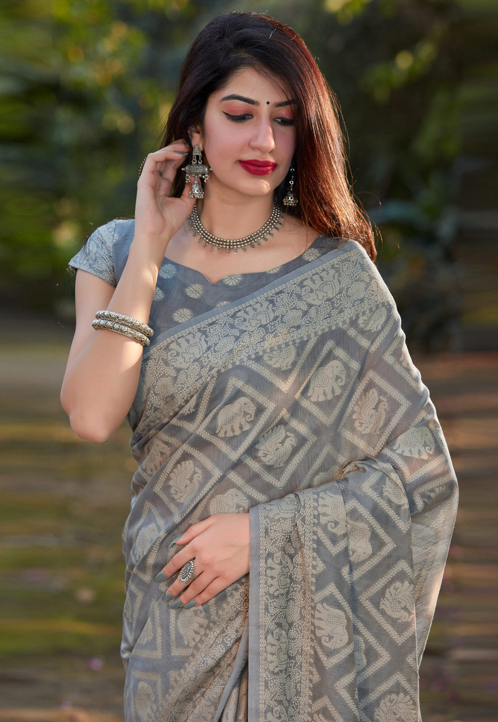 Grey Printed Silk Saree In usa uk canada