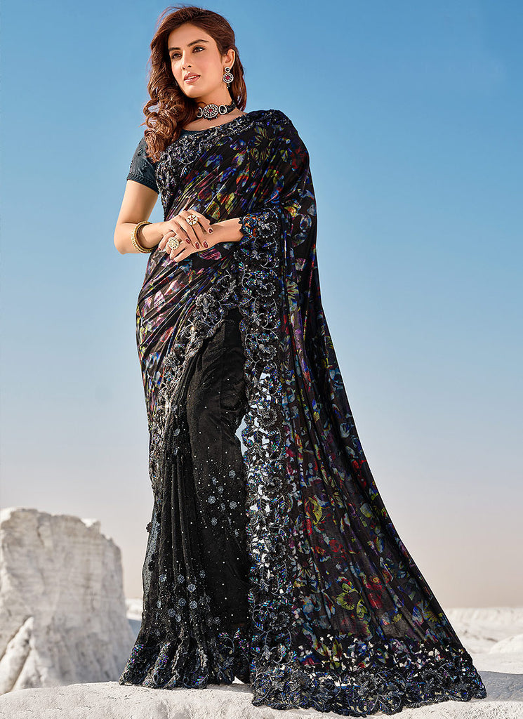 Black Digital Prints And Sequence Embroidered Indian Designer Saree